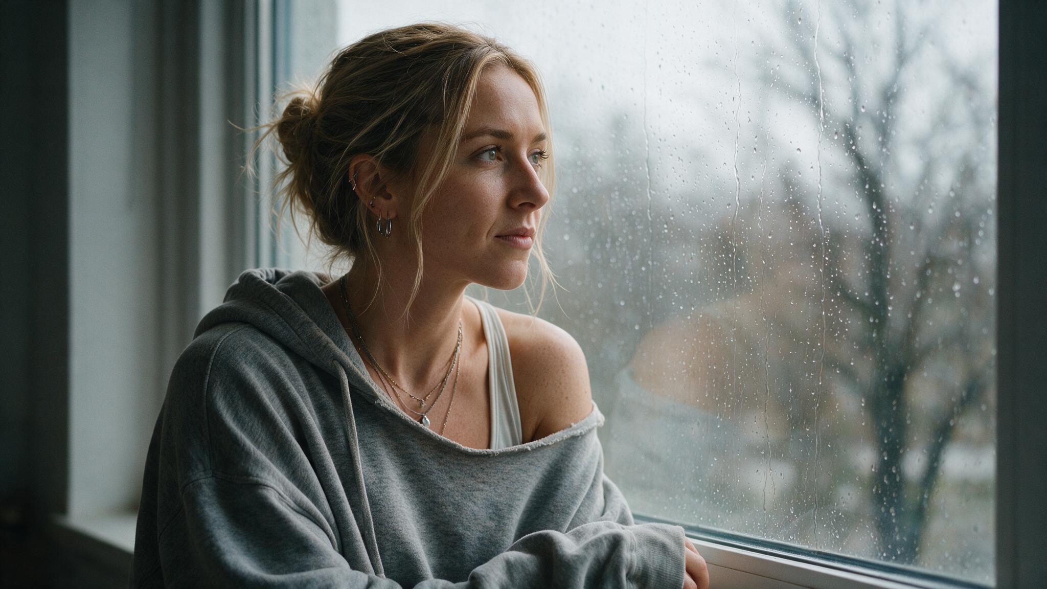 Cassie sitting quietly beside a rain-covered window
